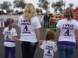 Taylor, Sydnee, Gracie and Sabrina wearing their shirts for Denise at the BBQ Cookoff 